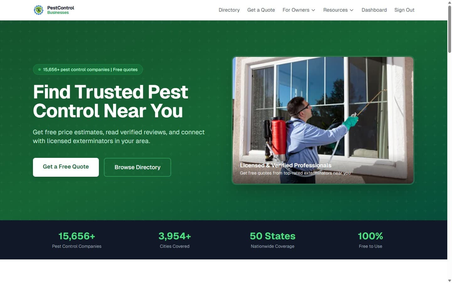 PestControlBusinesses.com homepage screenshot